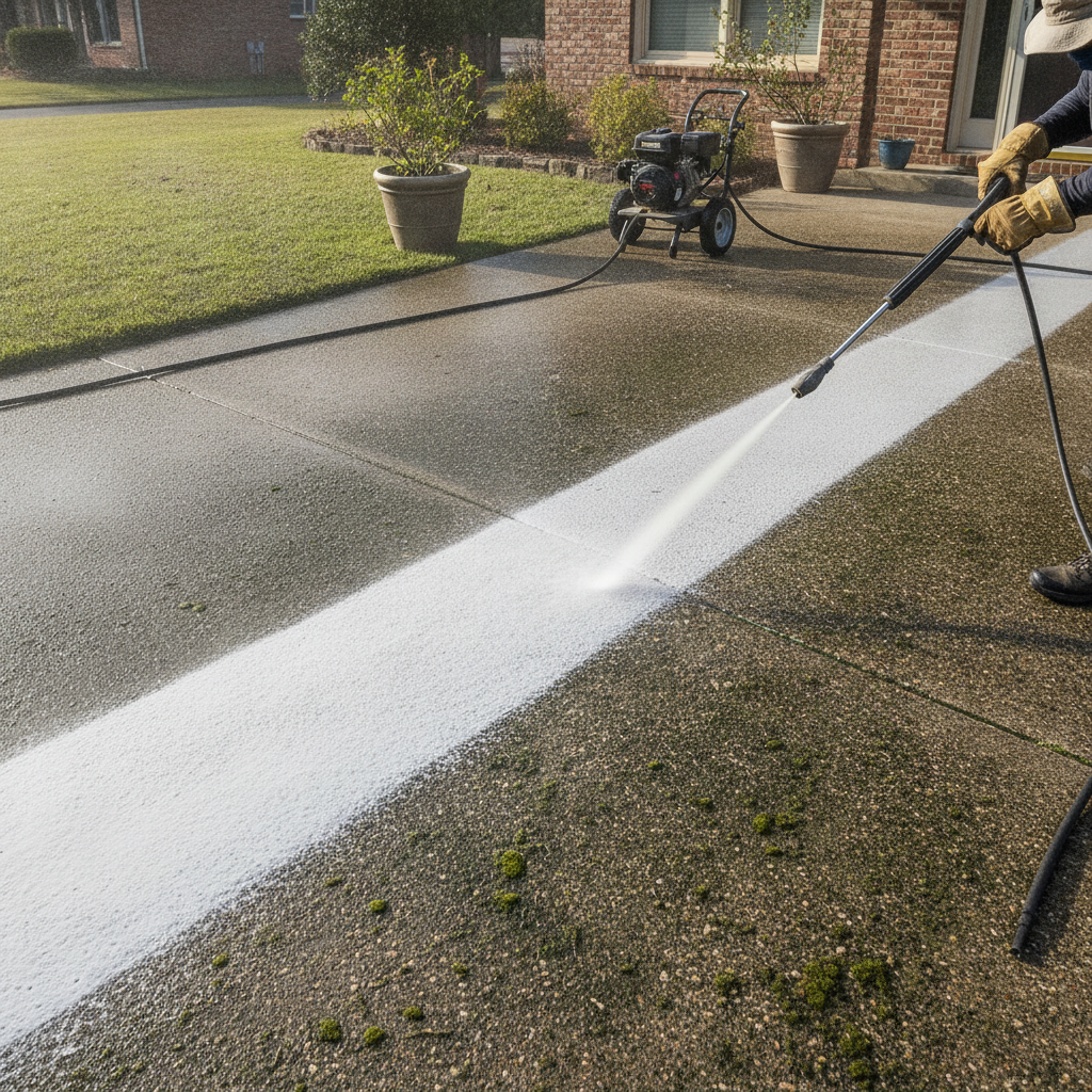 Generate photos of pressure washing without showing people's faces.make sure each are different