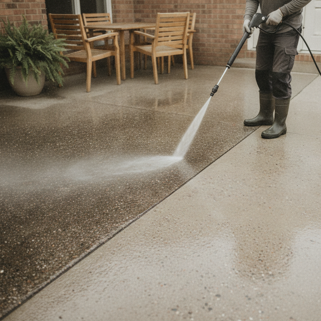 Patio Cleaning using pressure washing without showing faces