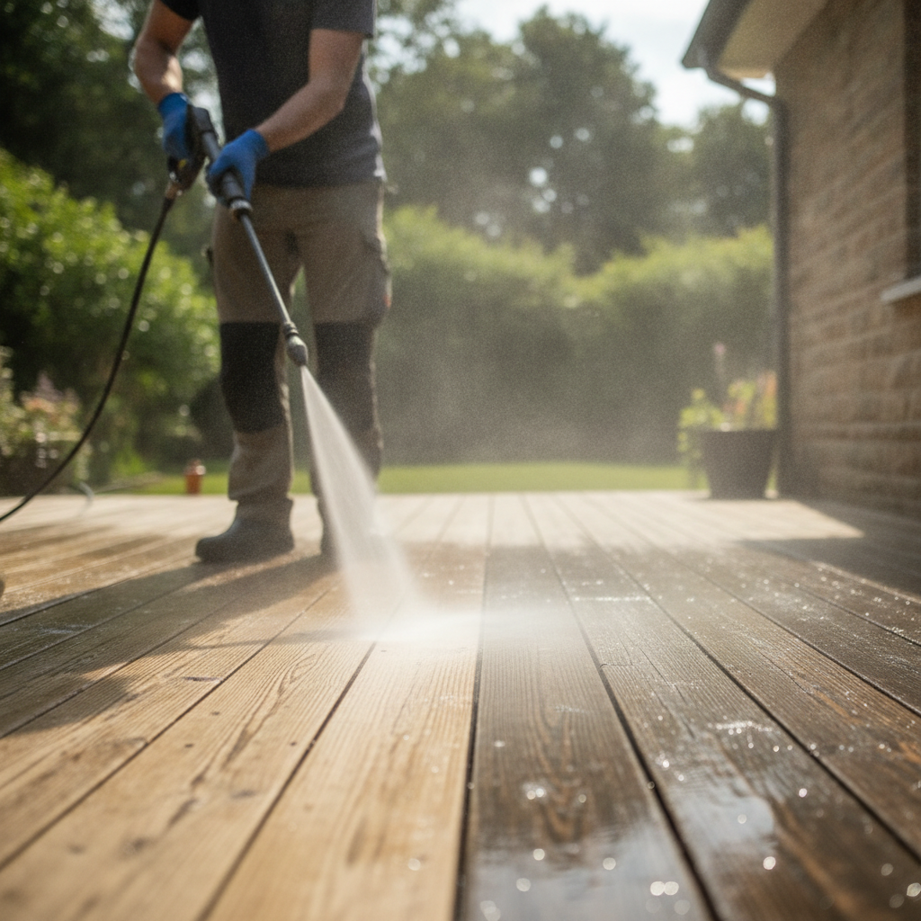 deck cleaning using pressure washing without showing faces